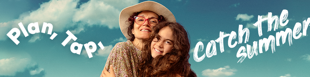 grandma and granddaughter hugging against a cloud background with words reading catch the summer