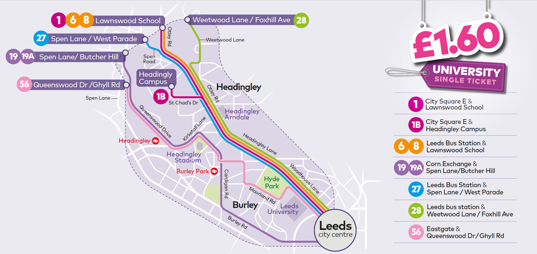 Leeds University Single fare route map