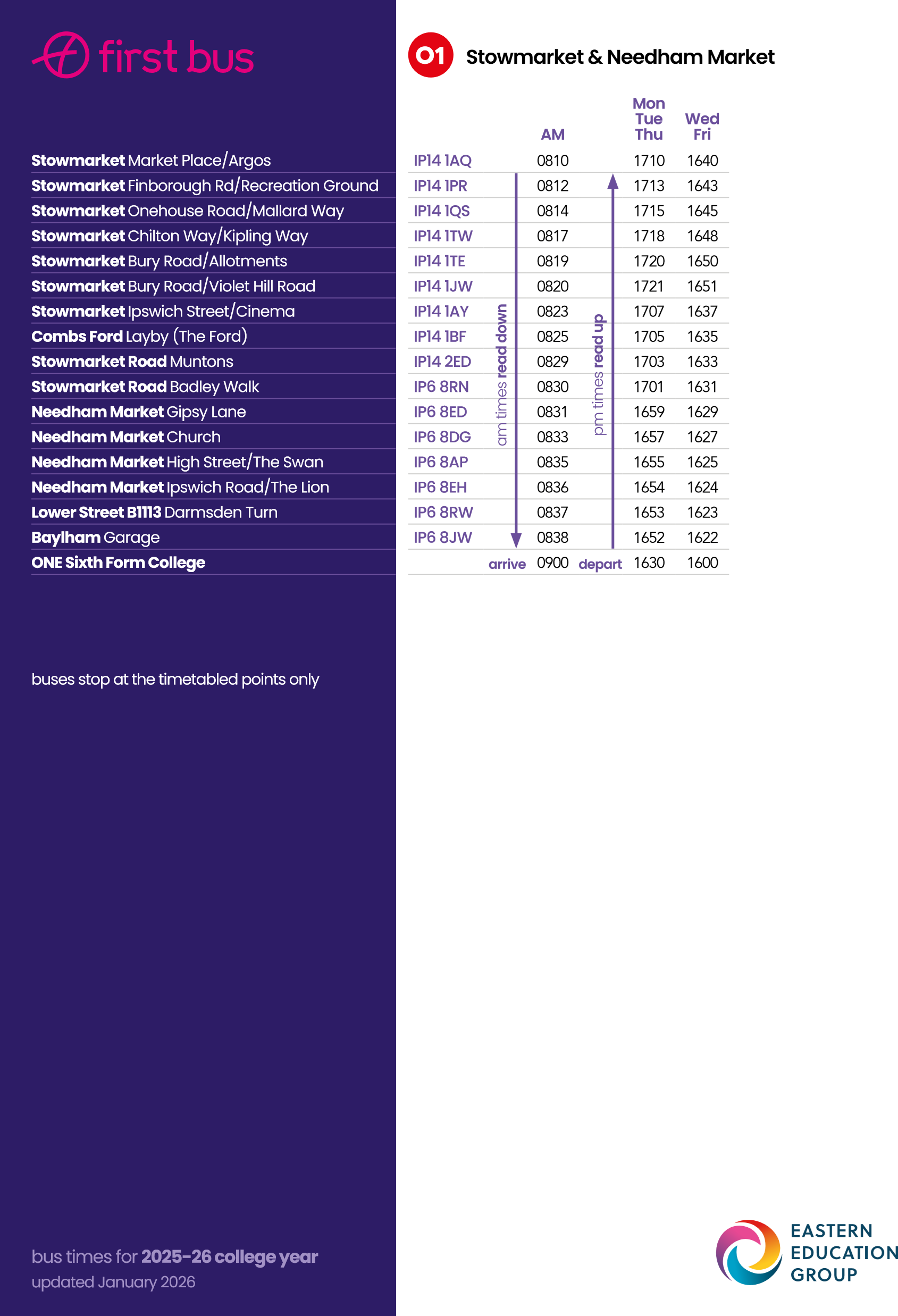 O1 timetable