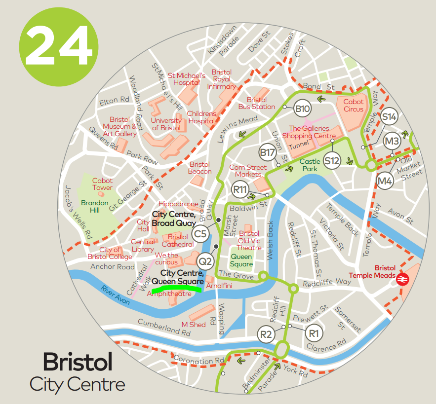 Map showing City Centre bus stops on service 24