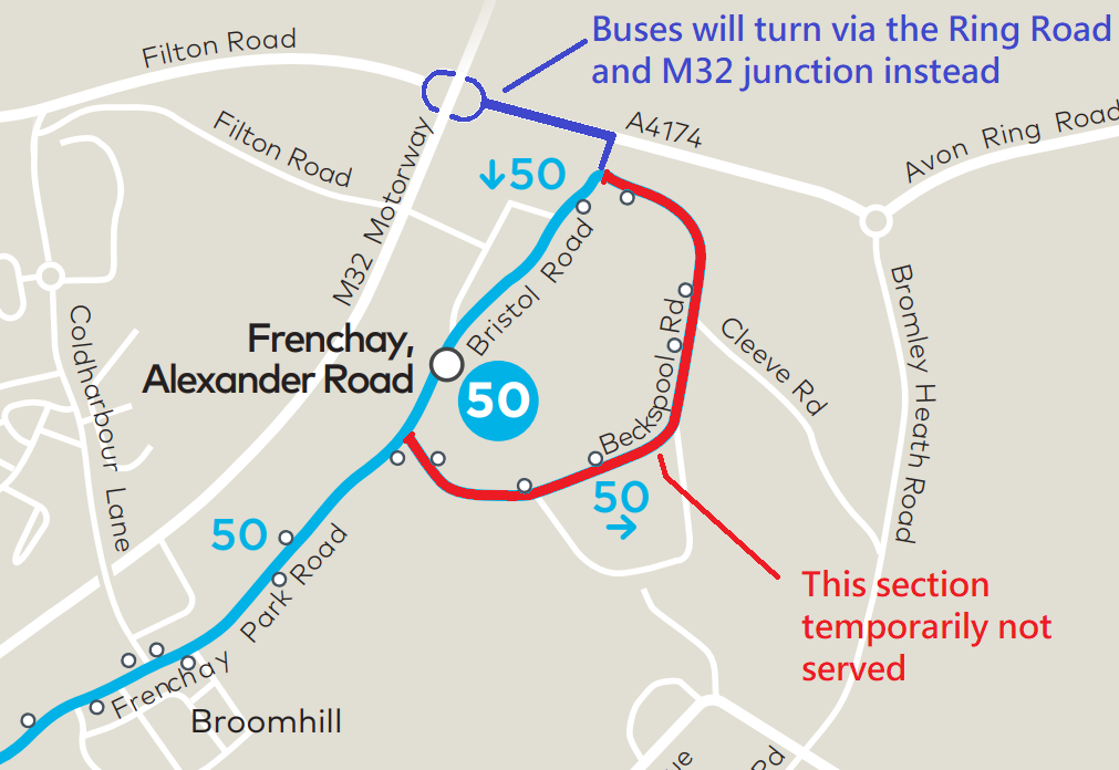 Map showing diversion route of service 50.