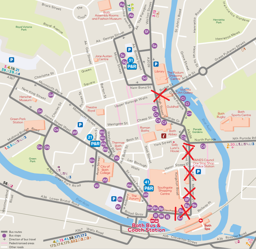 Map of Bath City Centre bus stops