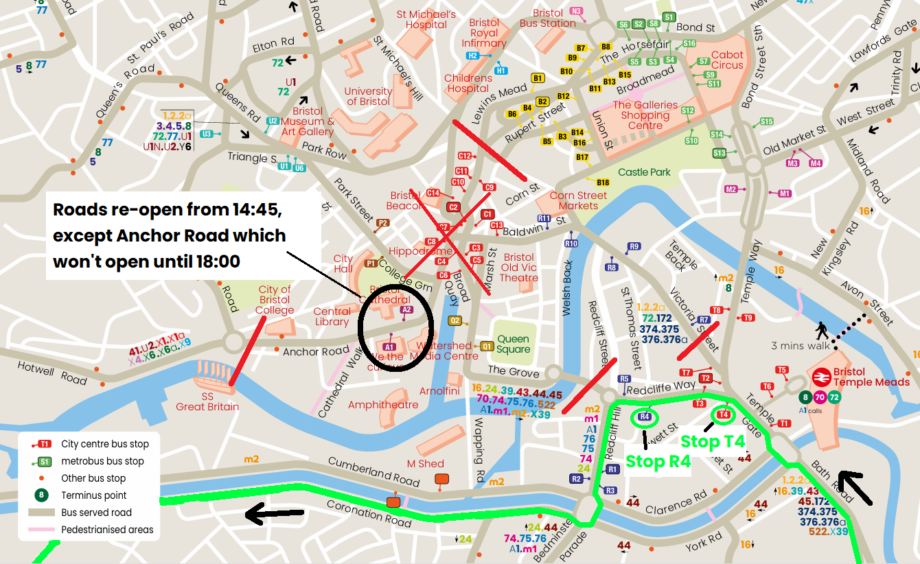 Map showing diversion to X1, X4, X6 and X9 routes