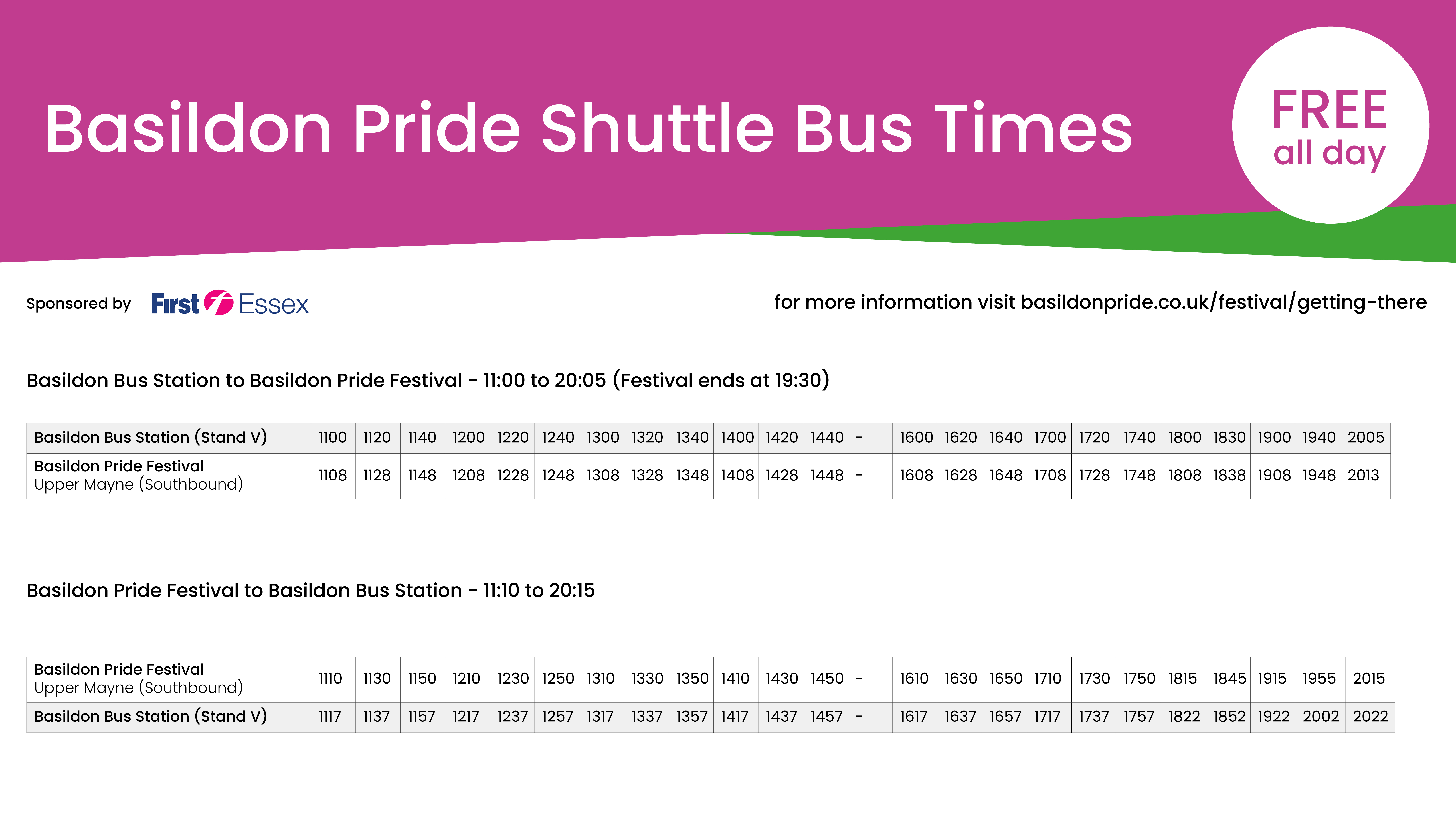 Basildon Pride Shuttle Bus Timetable