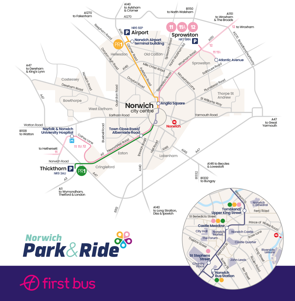 A map of Norwich, with coloured lines showing the routes of Norwich Park and Ride