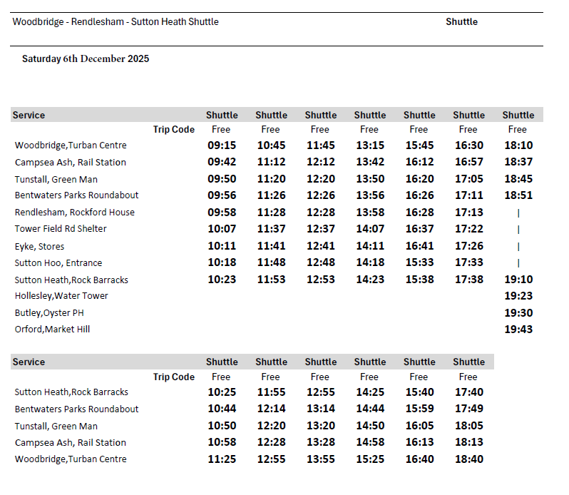 Shuttle timetable