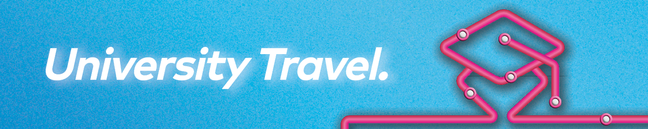 Blue background rectangle with the words "University Travel" written in white toward the left and a pink stylized transport route map inspired graphic of a mortarboard toward the right of the image.