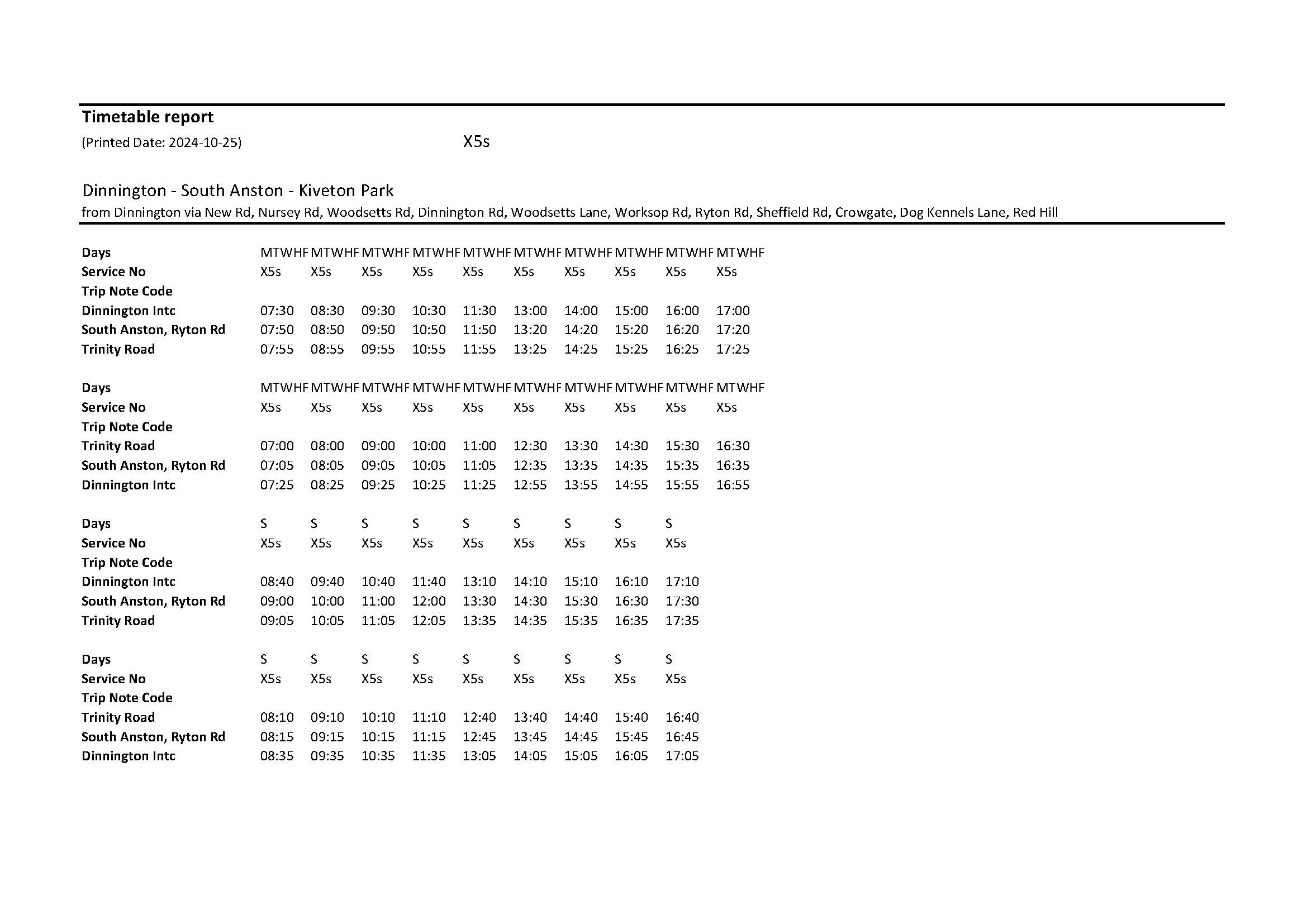 x5 shuttle timetable